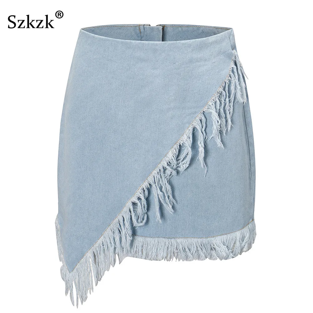 

Szkzk Sexy Blue Denim Wash Tassel Mini Skirt Women 2020 Summer Asymmetrical With Zipper Bodycon Skirts Womens Summer Clothing