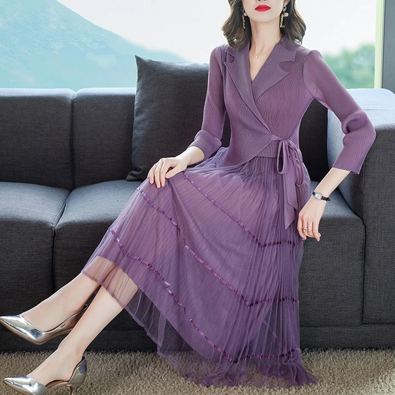 

High Street Red Lace Bodycon Sexy Midi Suit Dress 2021 Spring Autumn Elastic Vintage Pleated Dress Elegant Women Party Vestidos