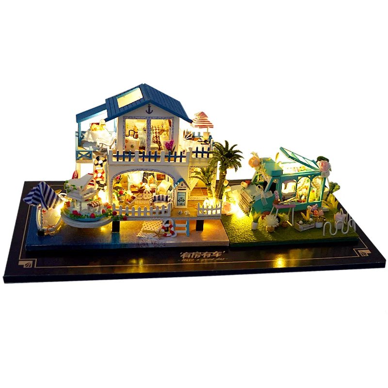 

Mini Size Casa DIY Wooden Doll House Kit Miniature with Furniture Blue Ocean Cottage Dollhouse Toys for Friends Girls Xmas Gifts