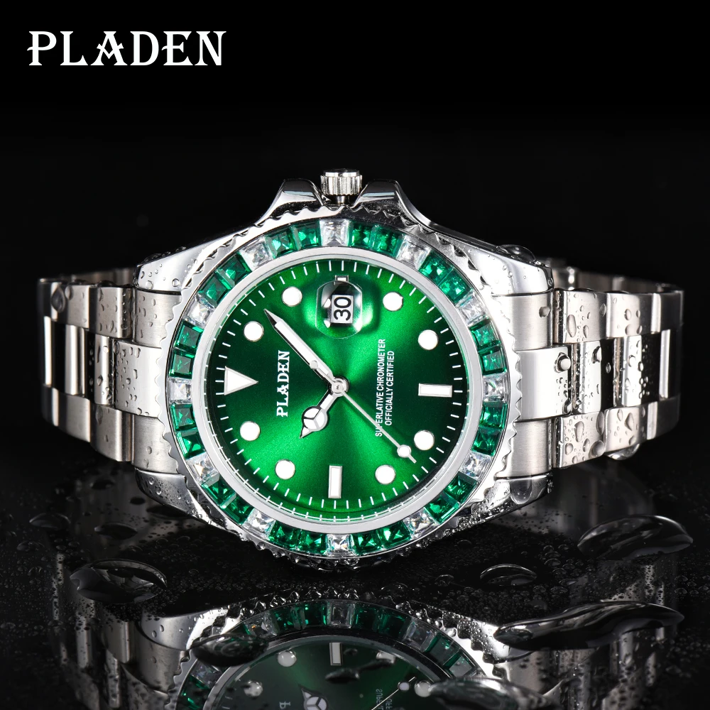 2021 nova pladen luxo masculino relógios moda verde diamante bezel relógio de quartzo negócios data automática relógio de mergulho relogio masculino