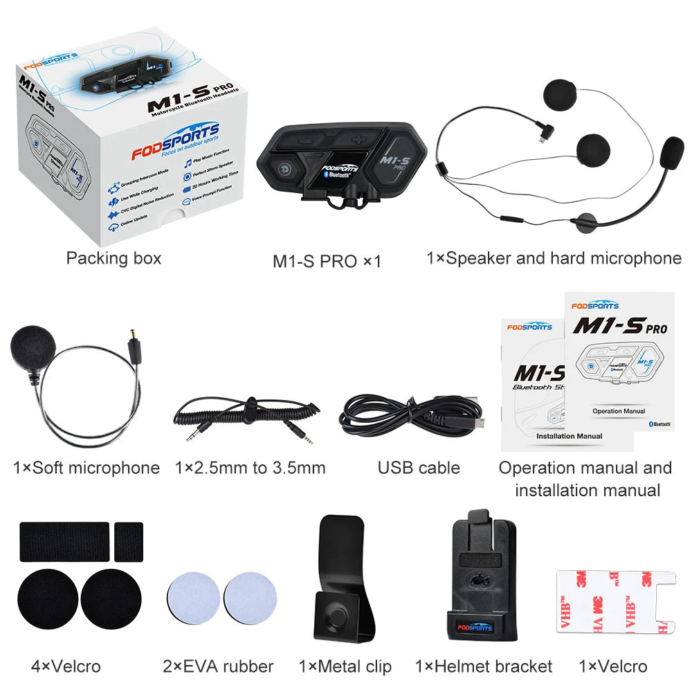 Fodsports M1-S Pro Helmet intercom Headset Motorcycle Waterproof Intercom Bluetooth interphone 8 Rider 1200M Intercomunicador | Автомобили