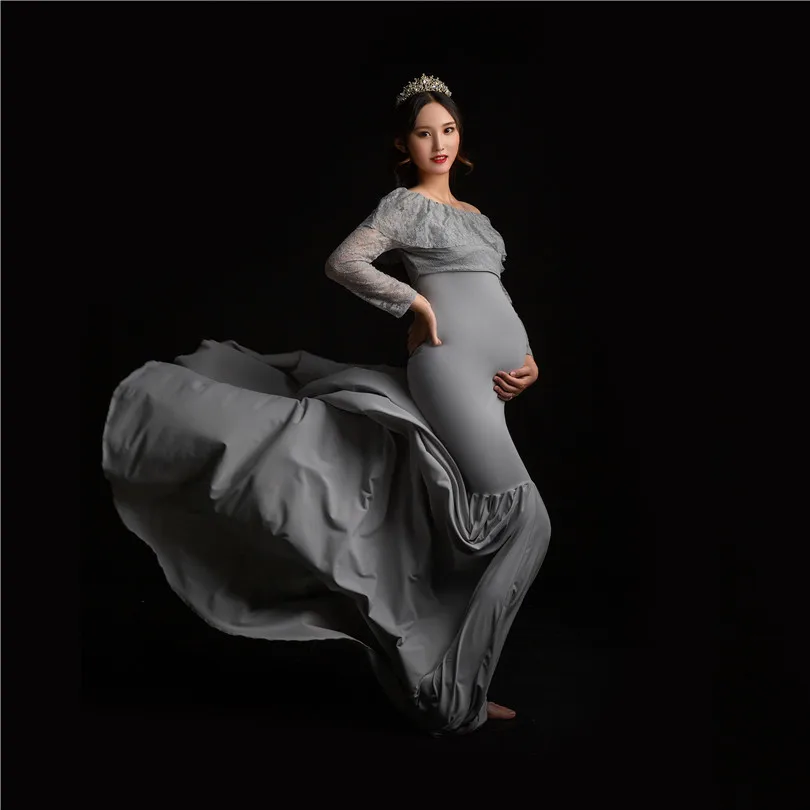 Grey Lace Tulle Long Sleeve maternity Gown Photography Maxi Floor Length Maternity Dress with Train Stretch Wedding Gown Photos