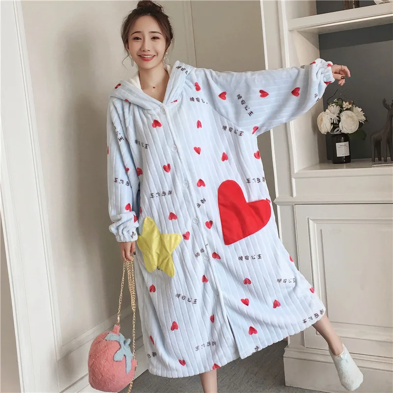 

Пижама женская осенне-зимняя утолщенная теплая ночная рубашка из кораллового флиса Зимняя фланелевая ночная рубашка для беременных женщин