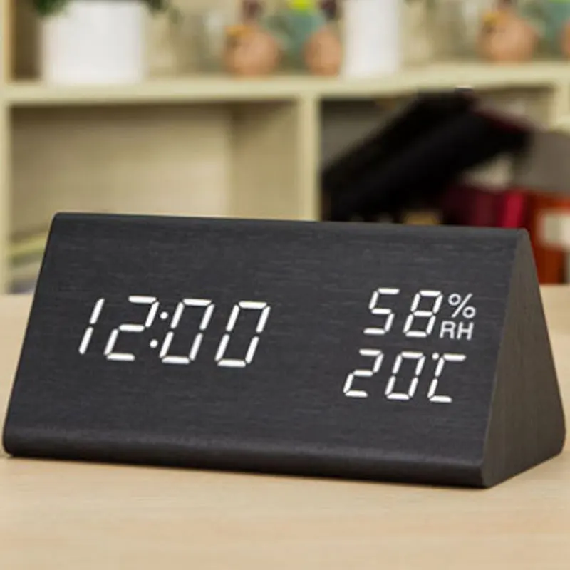 LED Wood Grain Alarm Clock Temperature Humidity Triangle-Shape Desktop Table Clocks Bedroom Home Décor | Дом и сад