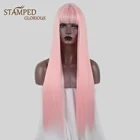 Великолепные синтетические розовые парики с челкой, Длинные прямые натуральные шелковистые прямые парики для черных женщин из термостойкого волокна