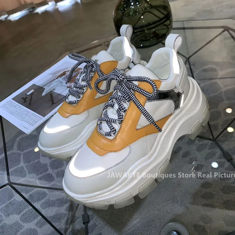 Кроссовки женские из натуральной кожи повседневная обувь на платформе блестящие