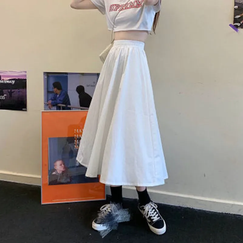 

Skirts Women Simple Solid Leisure Loose Plus Size 3XL Long Skirt Korean Style Elastic-Weight A-line Student Streetwear Trendy BF