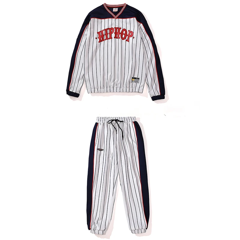 

2020 Ballroom Hip Hop Dancing Clothes White Stripe Loose Sports Hiphop Suit Jazz Street Dance Wear Performance Clothes