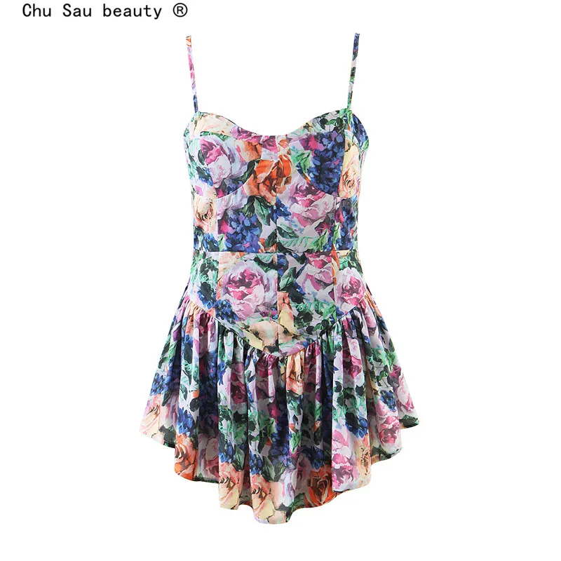 

Женское винтажное мини-платье на бретельках, короткое пляжное платье с цветочным принтом, V-образным вырезом и высокой талией, весна-лето 2021
