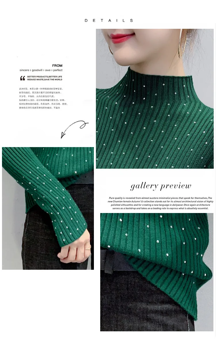 

New 2021 Sweater Women Diamonds Beading Mock Neck Long Sleeve Stretchy Pullover Knitwear Tops Jumper Spring Autumn T17003A