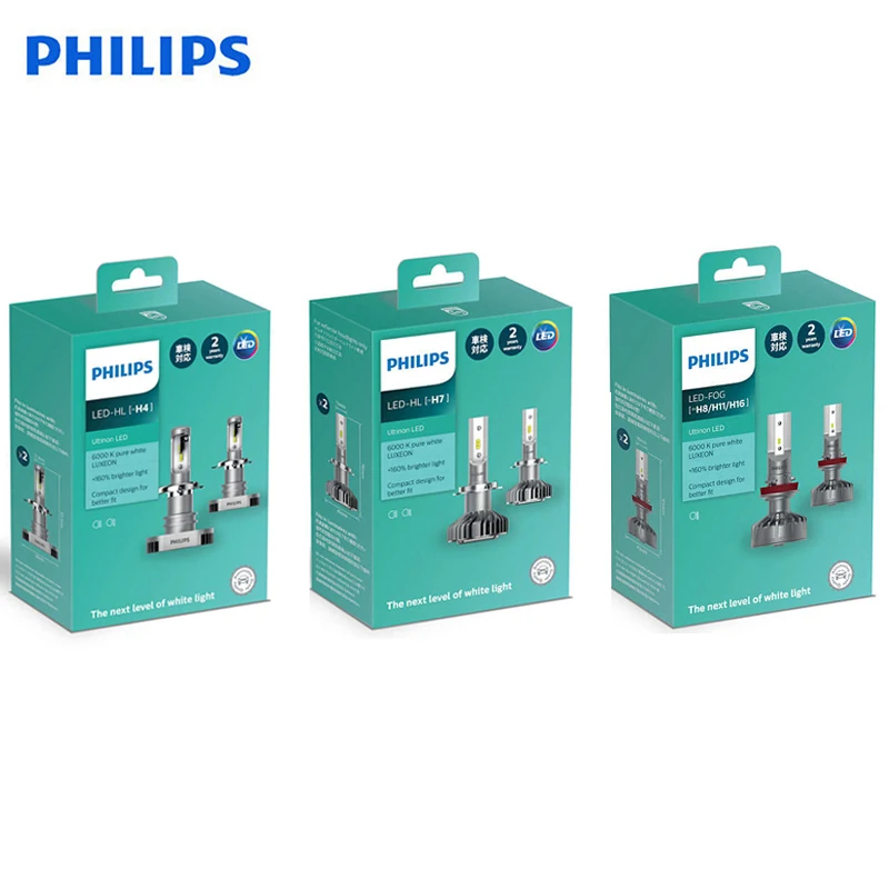 Philips Оригинальный светодиодный светильник Ultinon H4 H7 H8 H11 H16 9003 HB2 12 в 6000K яркий