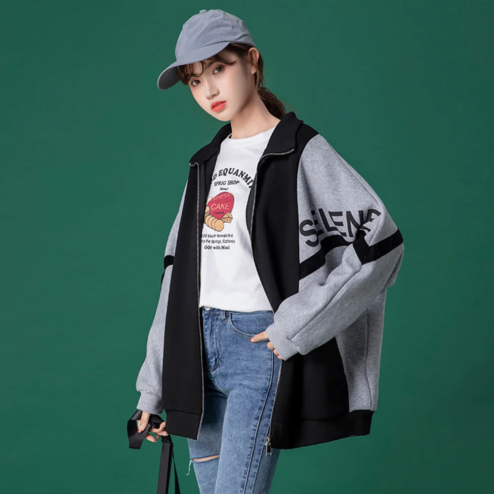 

2021 Autumn Winter Fashion Casual Womens New Jacket Color Contrast Splicing Zipper Letter Printing Long Sleeve Baseball Uniform