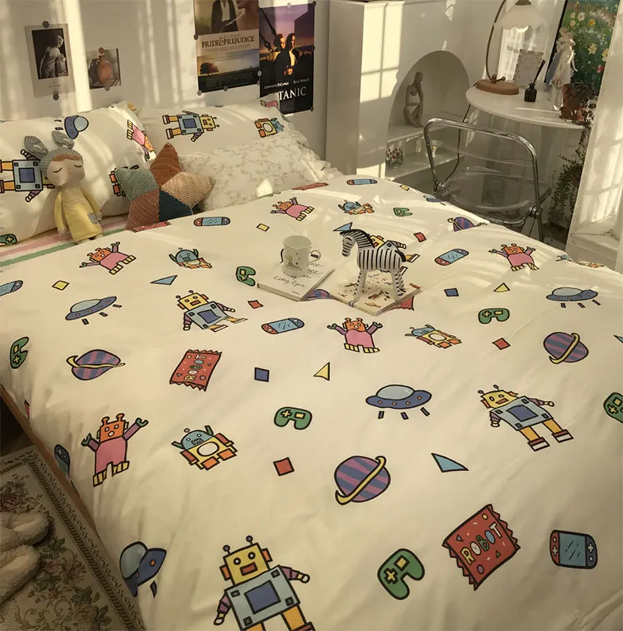 

Cute colorful robot bedding set kid child teen boy,single cotton twin full queen home textile bed sheet pillow case quilt cover