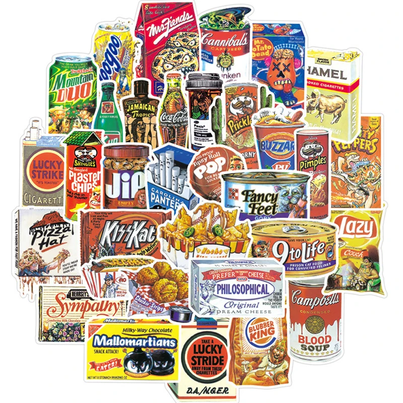 

37PCS Spoof Food Packaging Stickers Waterproof Stationery Pvc Sticker Skateboard Suitcase Guitar Luggage Sticker Kid Toy Sticker