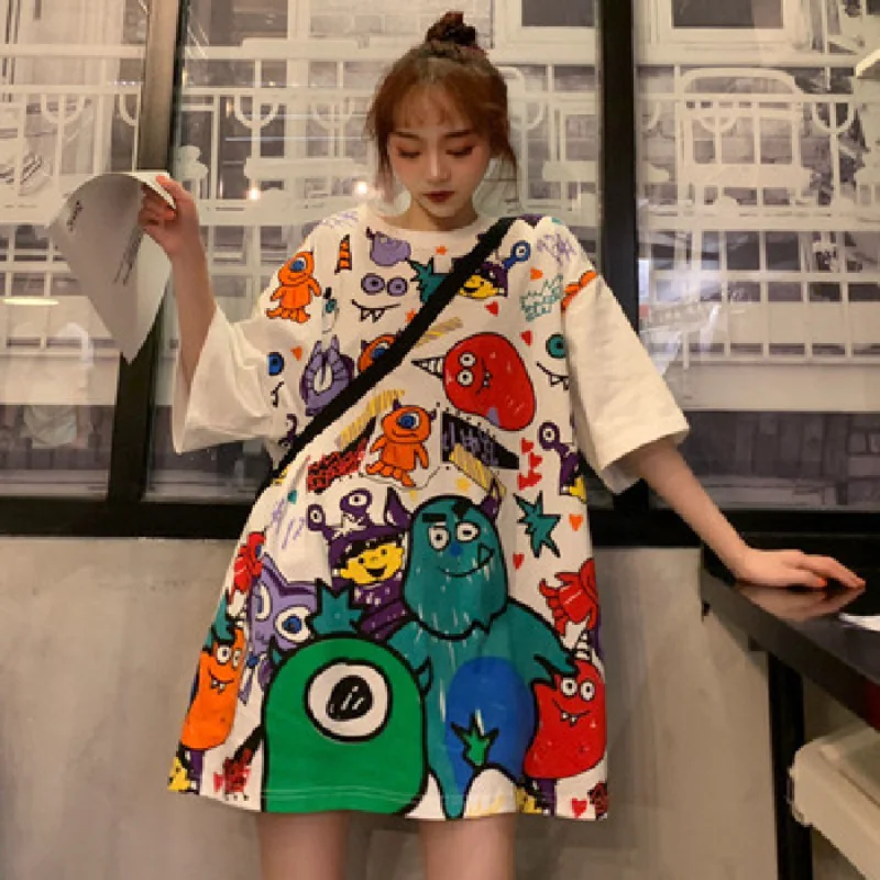 

Cartoon printed loose short sleeve T-shirt women Japanese summer personality streetwear monster dinosaur Y2K top kawaii clothes