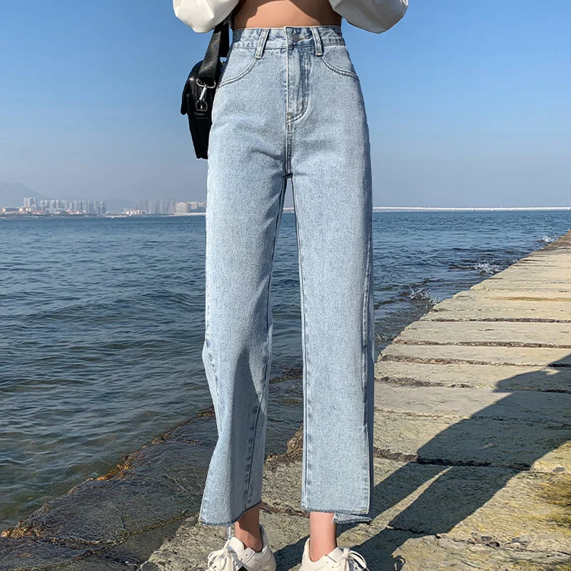 

SHZQ Korean New High Waist Straight Jeans Women Plus Size Vintage Boyfriend Mom Split Denim Pants Wide Leg Jeans Streetwear 2021