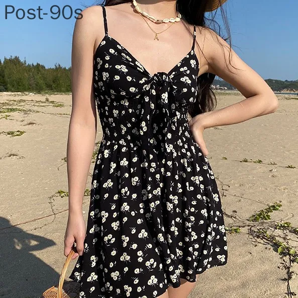 

Summer Dress Retro Boho Women Tie Neck Floral Print Floral Mini Sexy Black Dress Elegant Spaghetti Straps Dresses Vestidos 2021