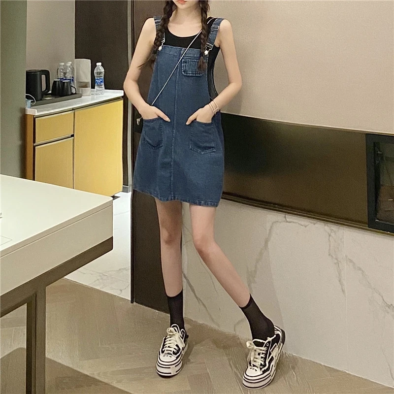 

2021 New Summer Loose Denim Suspender Skirt Slimming Student Dress Small Size Dress Base Skirt