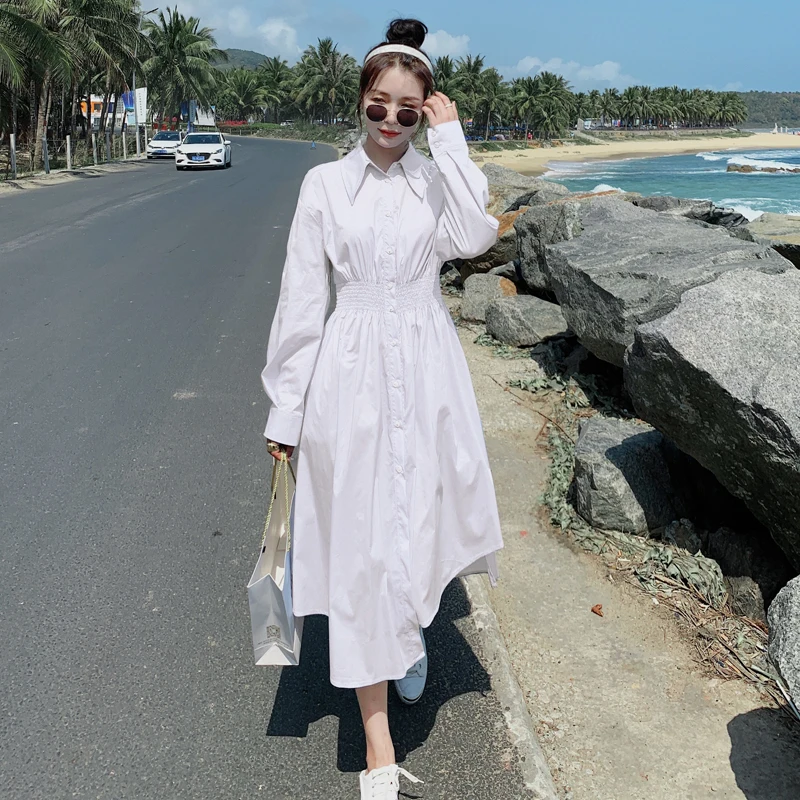

White Shirt Dress for Women Long Sleeve Elastic Waist Single Breasted Slim Casual Korean Style Elegant Mid-long Dresses A318