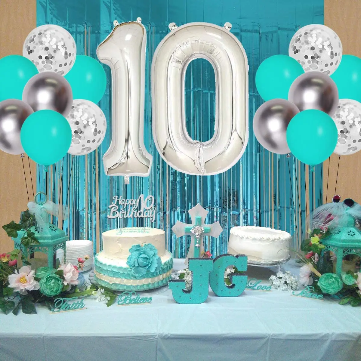 Decoraci&oacute;n Para fiesta de cumplea&ntilde;os de 10 &deg; a&ntilde;o, conjunto de globos de aluminio con doble n&uacute;mero 10, cortina con flecos, Banner para ni&ntilde;as, suministros de 10 a&ntilde;os-4