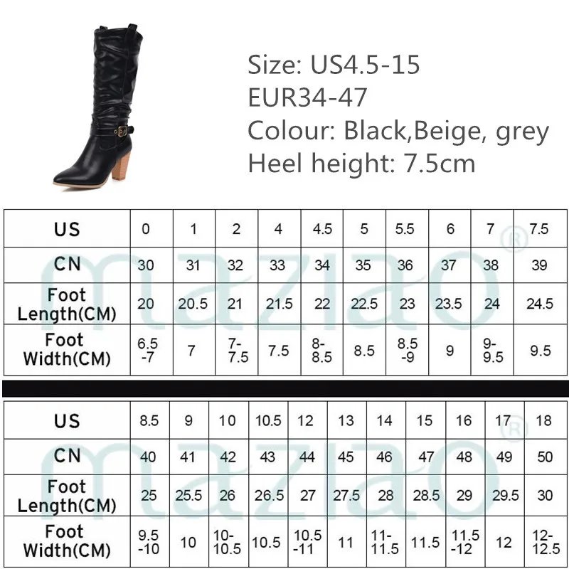 

Women Mid-calf Boots Winter PU Leather Square Heel Boots Female Slip-on Pleated Buckle Pointed Toe Fashion Boots Women Shoes