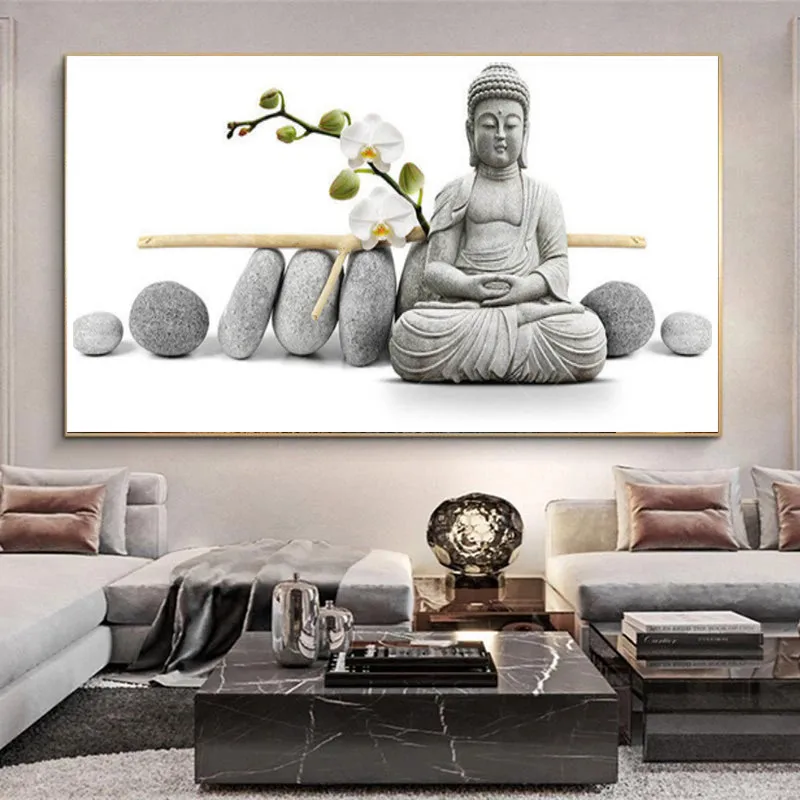 Медитация белый Будда и несколько камней резные статуи плакаты принты буддизм