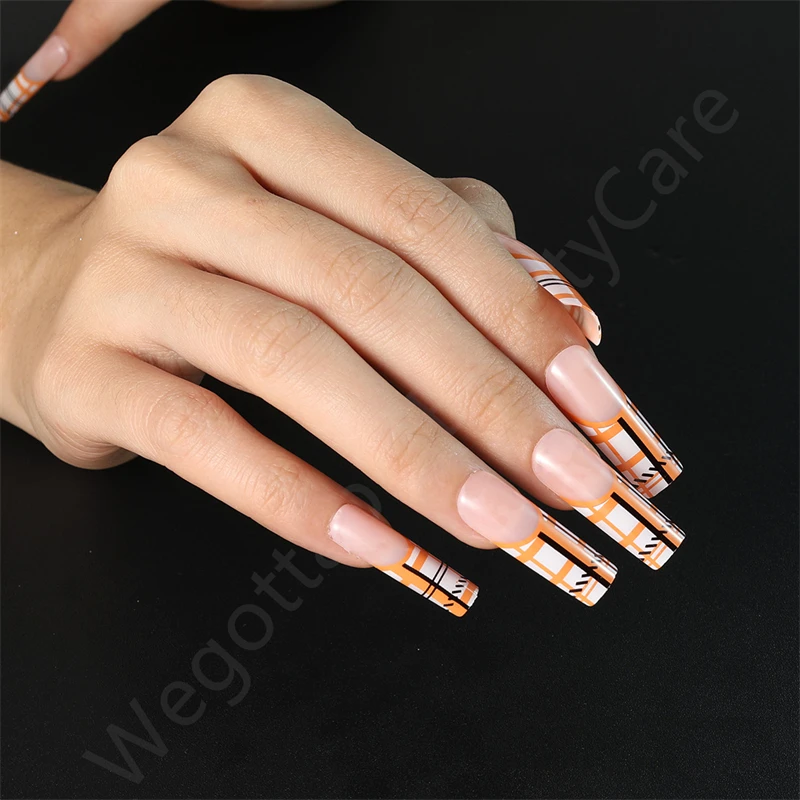 

SM30211110 Extra Long Square Faux Ongles Press on French Fake Nails with Designs