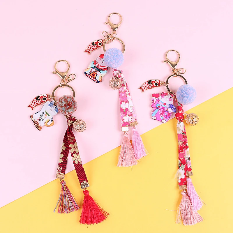 Милый керамический брелок для ключей с японской кошкой и колокольчиком - купить