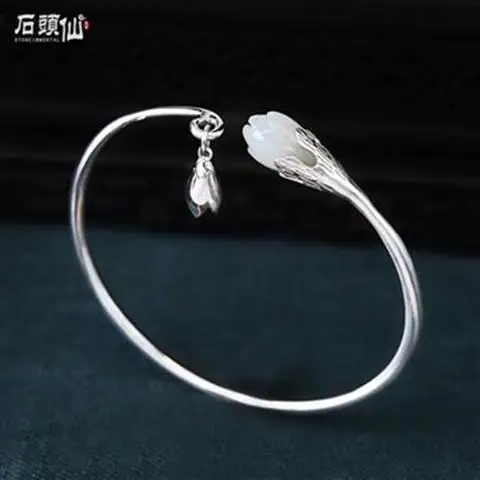 

Silver Bracelet for Women 925 Sterling Silver Hetian Jade Inlaid Magnolia Retro Ancient Jade Simple Opening Antique Fine Silver