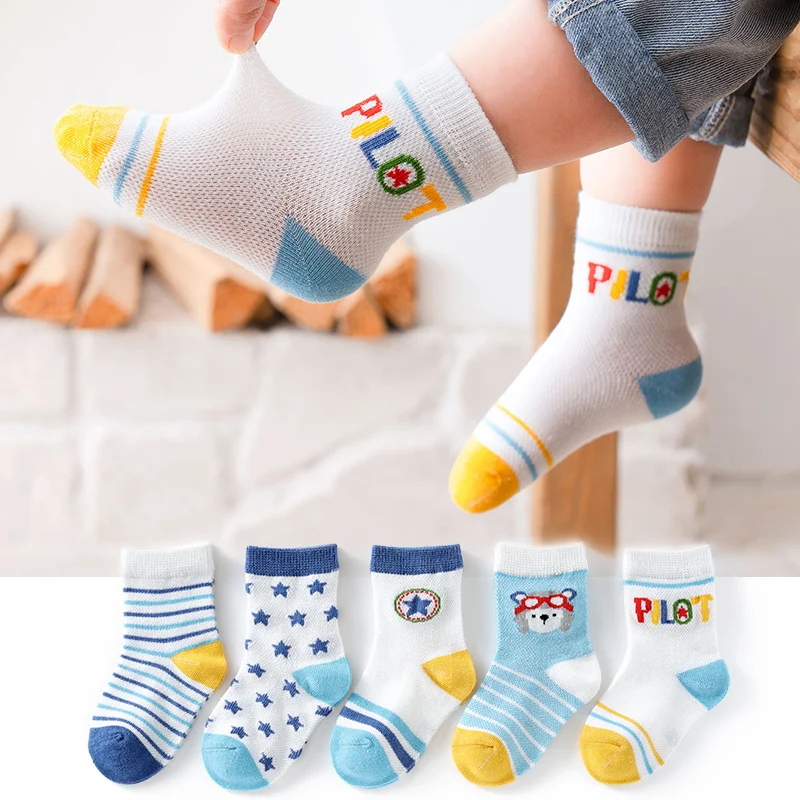 

5 Pairs/set Breathable Cotton Children Socks Baby Infant Boys Girls Summer Thin Mesh Sock Kids Stripe Dots Fashion Sport Socks
