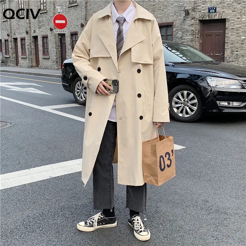 

Trench Coat Men Solid Double Breasted Loose Sashes Long Jacket Teens Korean Style All-match Stylish Simple Handsome Chic Outwear