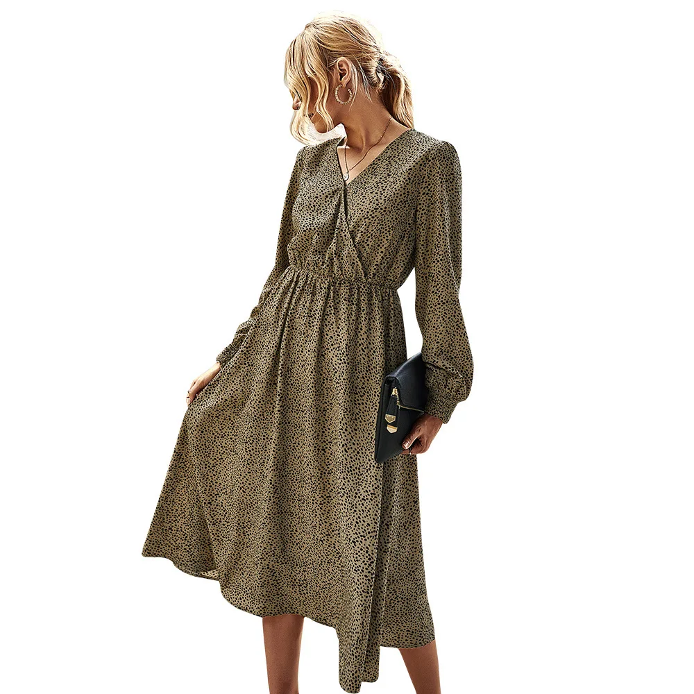 

WANYUCL Women's Spring and Autumn 2021 New Products Long Sleeve Elegant Floral High Waist V-neck Dress Long Skirt Women