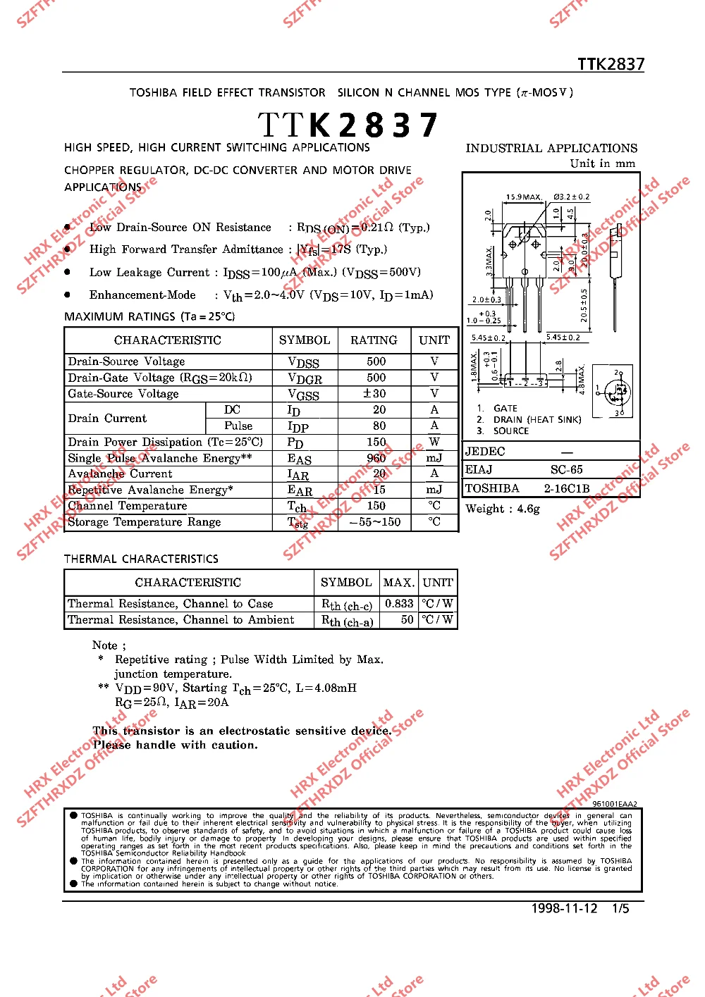 TTK2837 TO-3P K2837 TO3P 2SK2837 500V 20A силиконовый N канал MOS Тип измельчитель регулятор 25 шт./трубка(10 шт