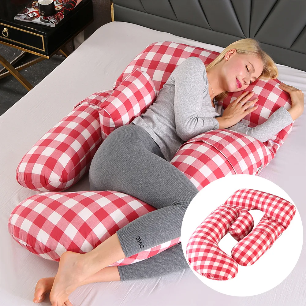 Red Plaid Maternity Pillows Washed Cotton G Type Pregnant Woman Pillow Multifunctional Breastfeeding Pillow Lumbar Support Cushi