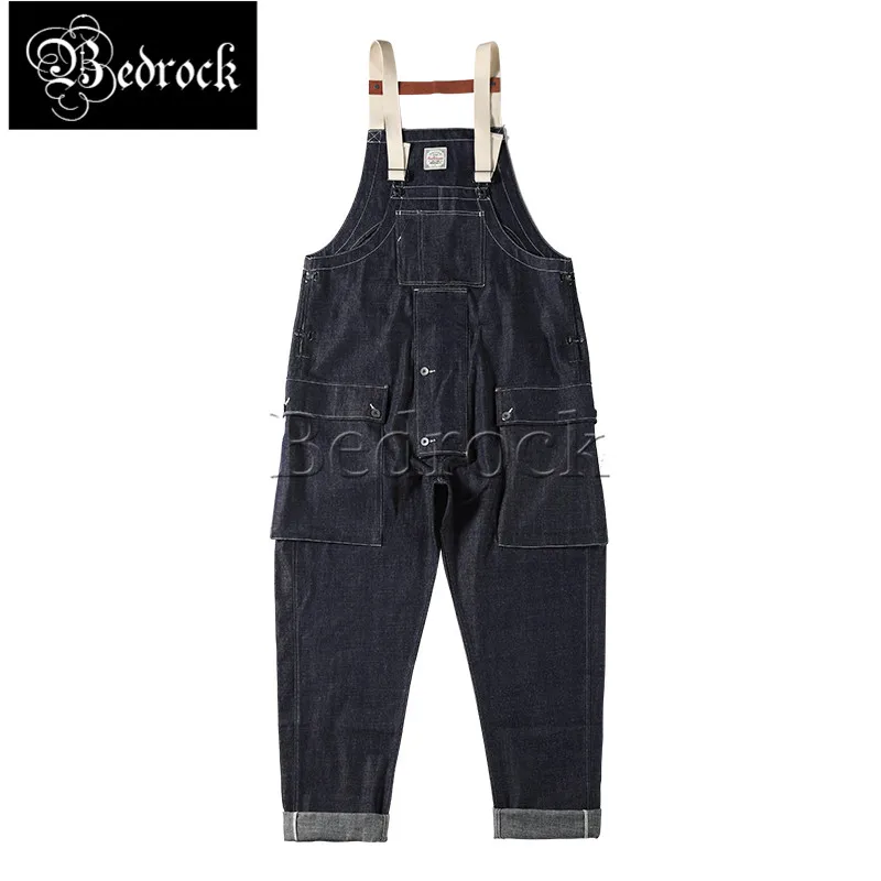 Bedrock 12oz Unwashed American vintage denim overalls mid waist loose suspenders men's overalls selvedge denim jeans for man