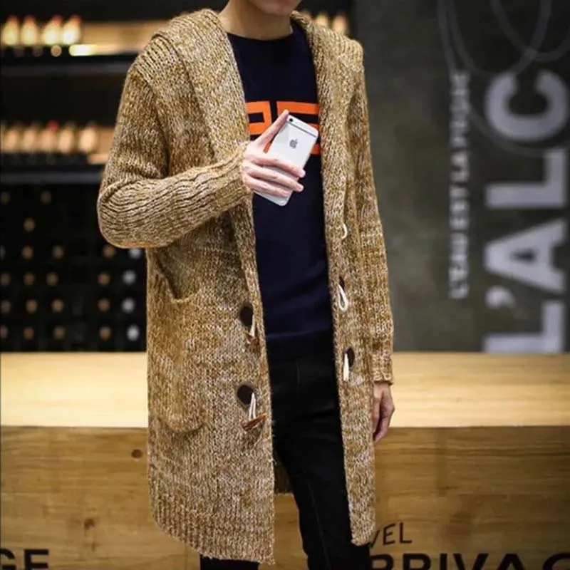 

Мужской однотонный кардиган с капюшоном, длинный вязаный свитер, повседневная верхняя одежда