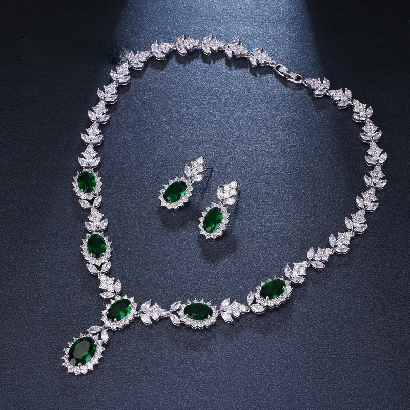 

Elegant Silver Color Bridal Jewelry Sets for Women Green Oval Crystal Chokers Wedding Necklace Earrings Bangles Sets Gift