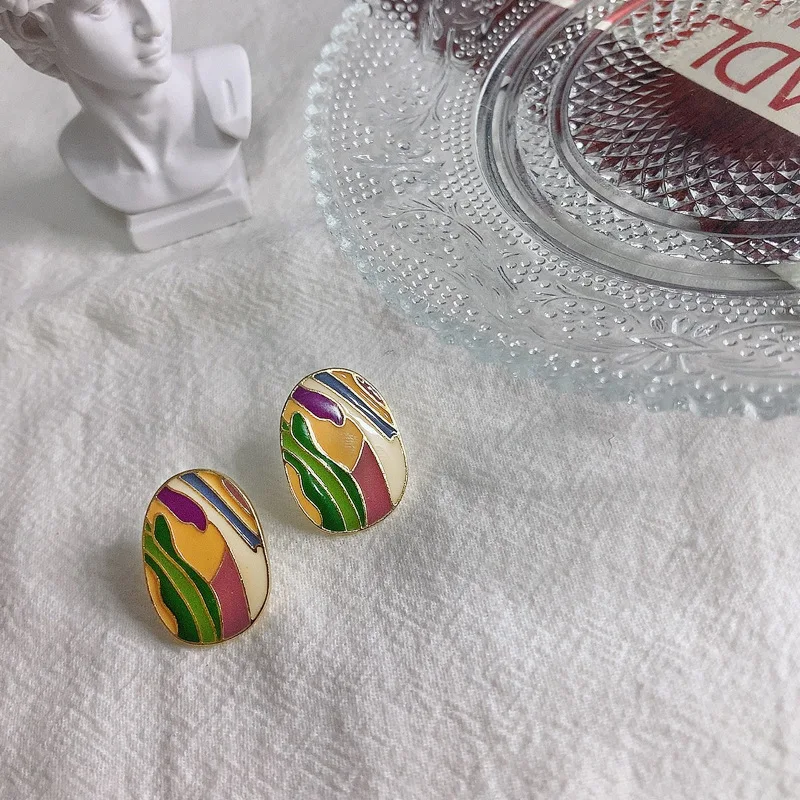 

French Retro Oil Painting Design S925 Silver Needle Earrings Elegant Earrings