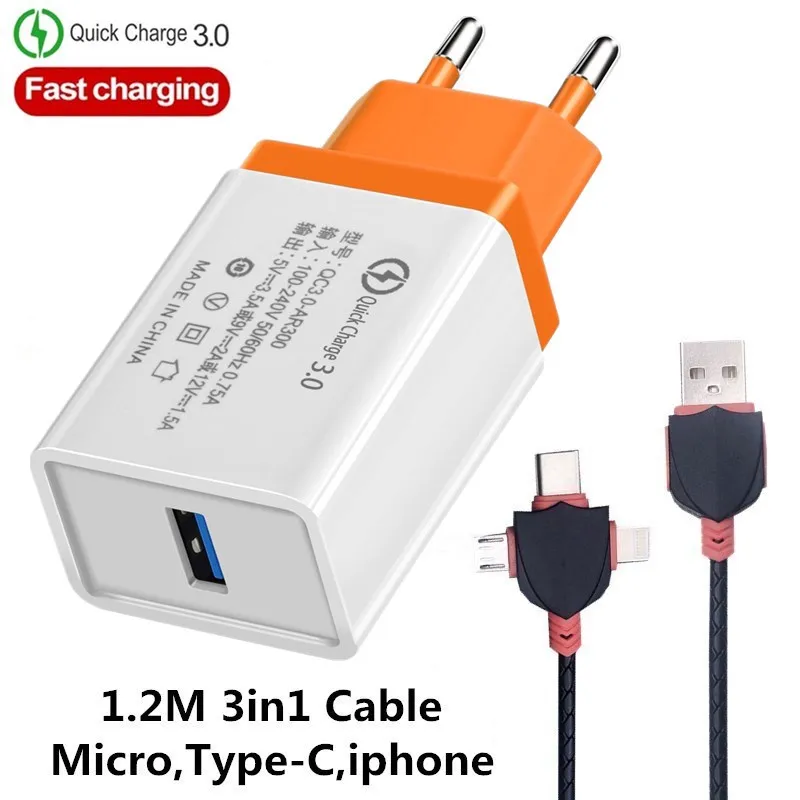EU/US быстрое зарядное устройство QC 3,0 для мобильных телефонов через USB кабель для зарядного устройства для быстрой Зарядное устройство стены Зарядное устройство для samsung Xiaomi huawei iphone X, 6, 7, 8, 11 Зарядное устройство