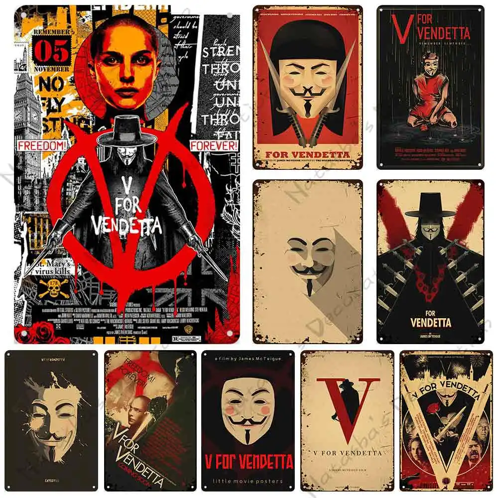 

V for Vendetta Classic Movie Decorative Plate Metal Plate Vintage Poster Metal Tin Sign Cafe Garage Wall Decor Metal Plaque