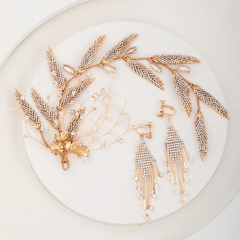 

Luxury Gold Color Leaf Flower Hairband Exquisite Glittered Rhinestone Headband Earrings Set Headpeice Hair Jewelry Accessory XH