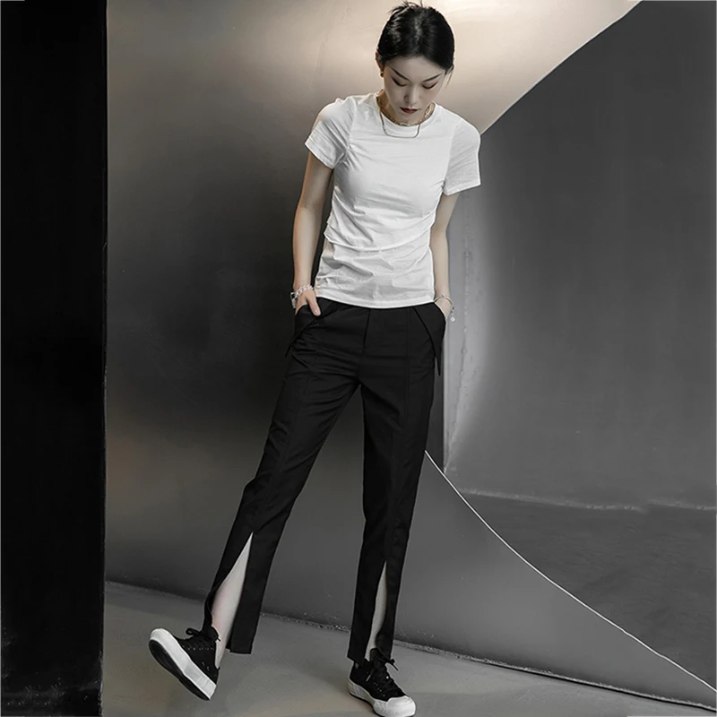 

[EAM] High Waist Black Long Slit Ankle-Length Casual Trousers New Loose Fit Pants Women Fashion Spring Autumn 2021 1DD7714