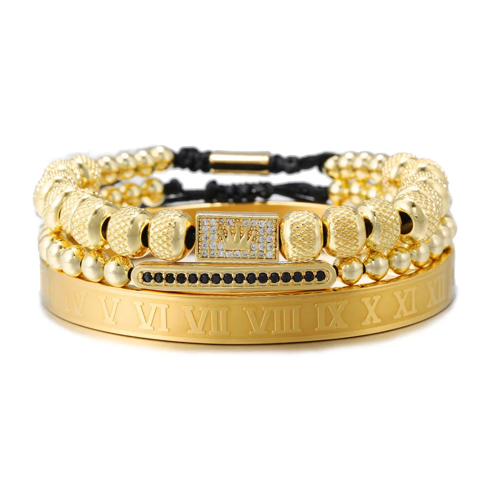 

3pcs/Set Luxury Gold Royal King Crown Men Bracelets Roman Numeral Bracelet Unique Design Braided Adjustable Bangle Pulseira