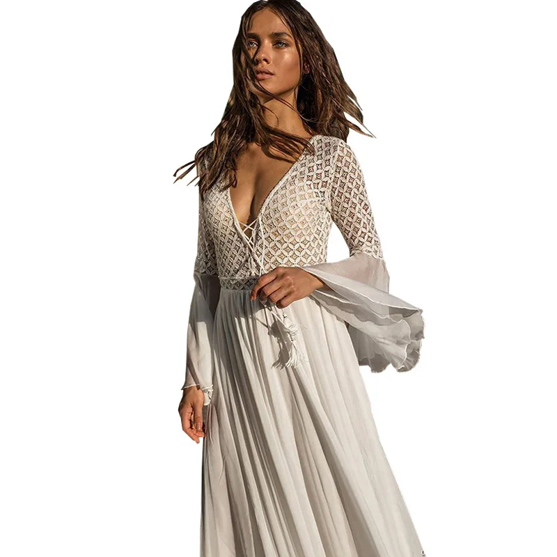 

Winter 2020 New Bohemian Lace Dress Sexy Deep V Neck Elegant Woman Fashion Long Sleeve Hollow Patchwork White Chiffon Long Skirt
