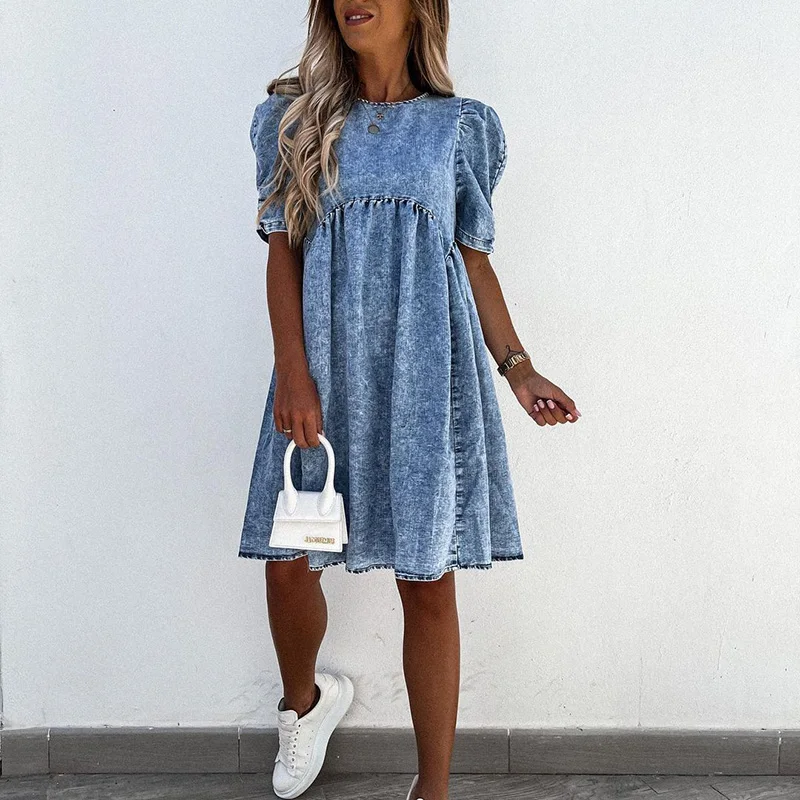 

New Women O-Neck Casual Ruffles Loose Mini Dress Summer Fashion Full Sleeve Ladies Dress Solid Denim Style Elegant Dress Vestido