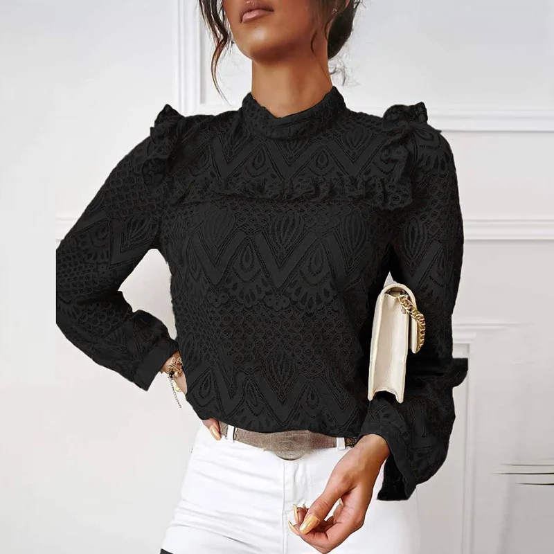 Женская Кружевная футболка с оборками элегантная повседневная ажурная рубашка