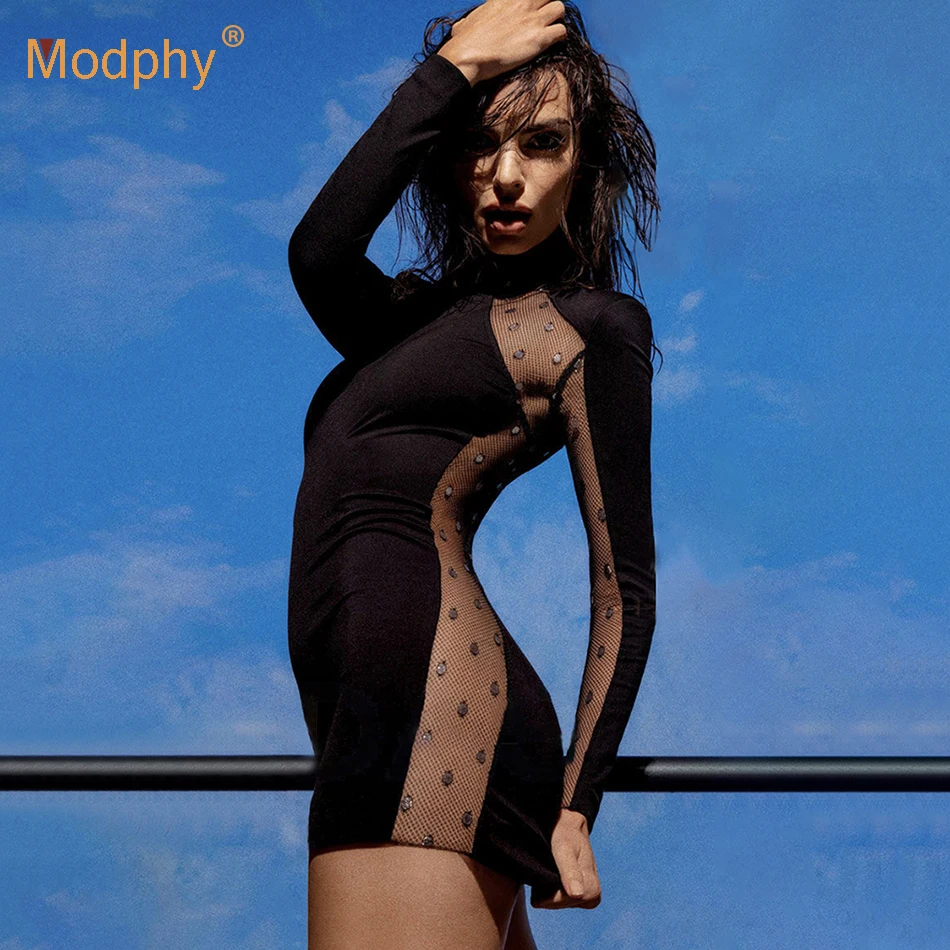 

High Quality 2022 Fashion Black Bandage Dress Women Long Sleeve Lace Stitching Bodycon Mini Dresses Club Evening Party Vestidos