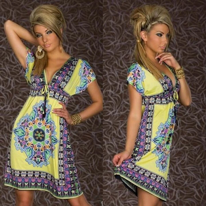 Платье Дашики с глубоким V-образным вырезом пикантное винтажное пляжное в стиле