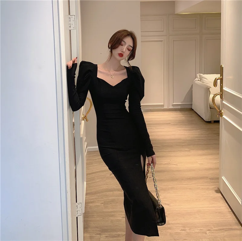 

CMAZ Official Figure Pull Frame Black Dress French Retro Bubble Long Sleeve