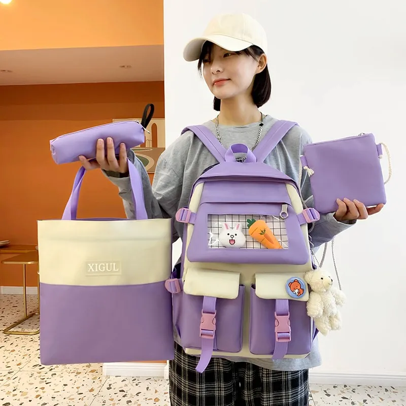 

4 Pcs Set Kawaii Women Backpack Cute Canvas School Bags For Girls